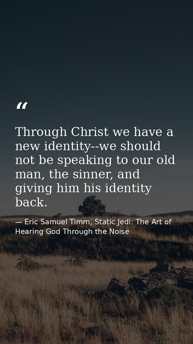 Through Christ we have a new identity--we should not be speaking to our old man, the sinner, and giving him his identity — Eric Samuel Timm, Static Jedi: The Art of Hearing God Through the Noise