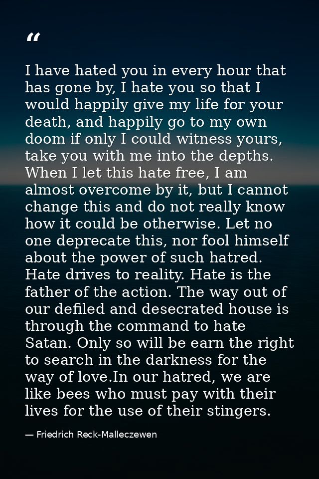 I have hated you in every hour that has gone by, I hate you so that I would happily give my life for your death, and hap — Friedrich Reck-Malleczewen
