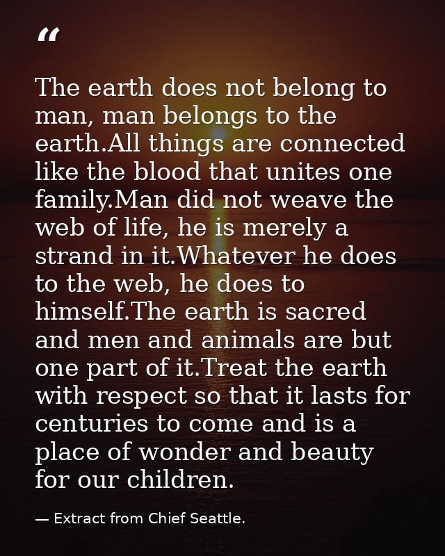 The earth does not belong to man, man belongs to the earth.All things are connected like the blood that unites one famil — Extract from Chief Seattle.