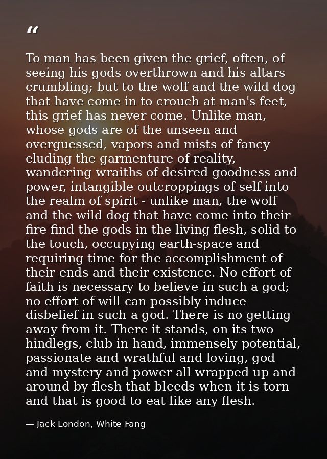 To man has been given the grief, often, of seeing his gods overthrown and his altars crumbling; but to the wolf and the  — Jack London, White Fang