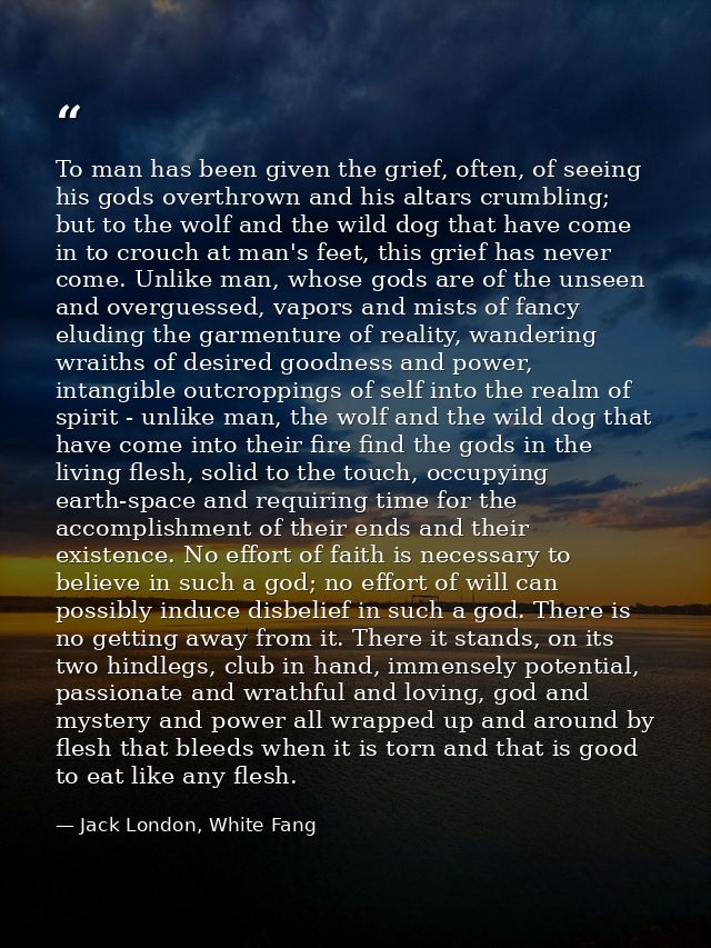 To man has been given the grief, often, of seeing his gods overthrown and his altars crumbling; but to the wolf and the  — Jack London, White Fang