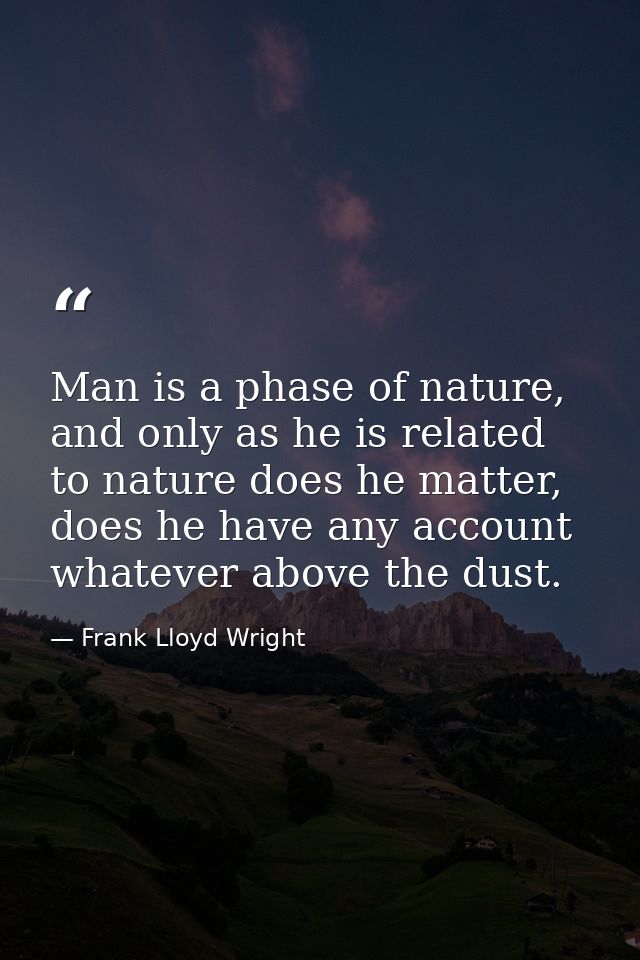 Man is a phase of nature, and only as he is related to nature does he matter, does he have any account whatever above th — Frank Lloyd Wright