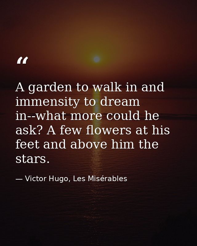 A garden to walk in and immensity to dream in--what more could he ask? A few flowers at his feet and above him the stars — Victor Hugo, Les Misérables