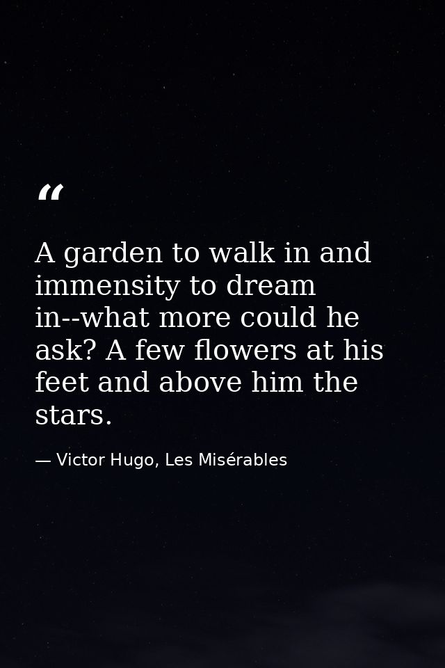 A garden to walk in and immensity to dream in--what more could he ask? A few flowers at his feet and above him the stars — Victor Hugo, Les Misérables