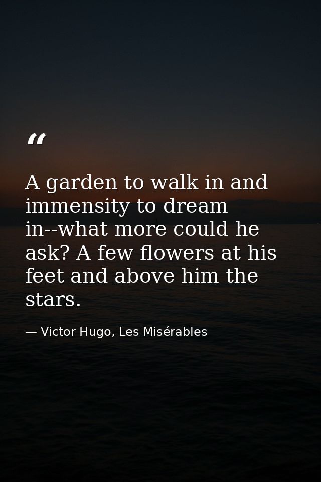 A garden to walk in and immensity to dream in--what more could he ask? A few flowers at his feet and above him the stars — Victor Hugo, Les Misérables