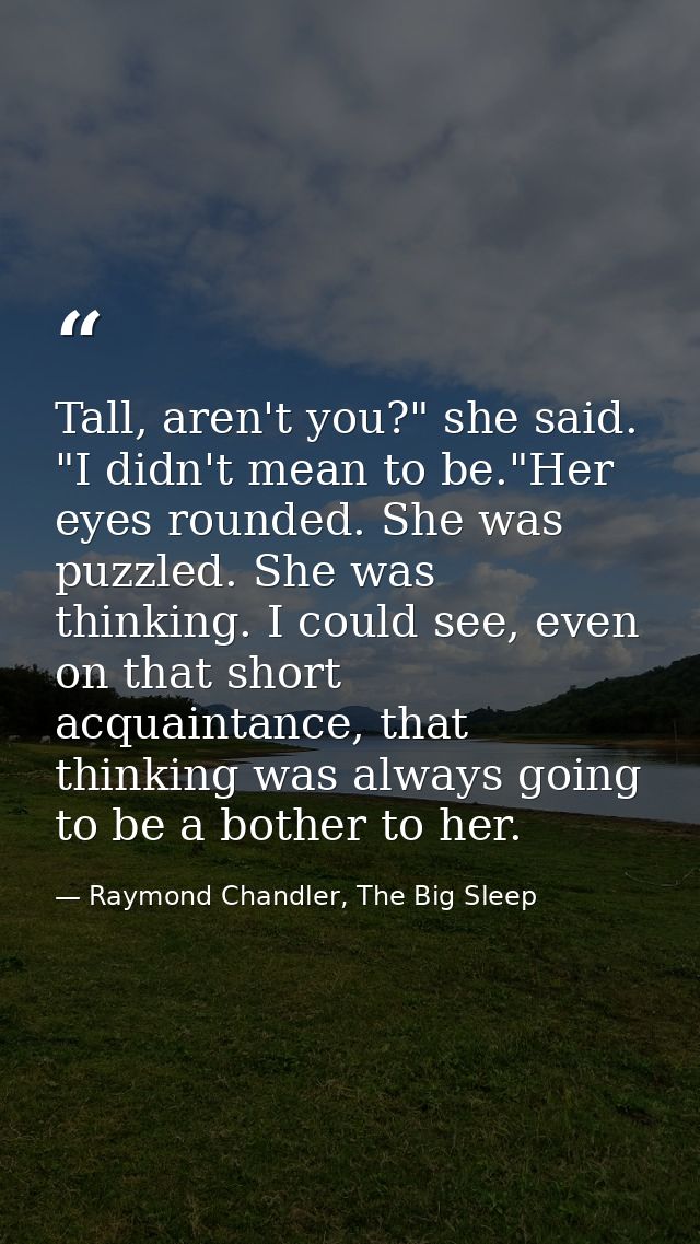 Tall, aren't you?" she said. "I didn't mean to be."Her eyes rounded. She was puzzled. She was thinking. I could see, eve — Raymond Chandler, The Big Sleep