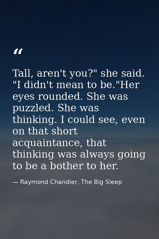 Tall, aren't you?" she said. "I didn't mean to be."Her eyes rounded. She was puzzled. She was thinking. I could see, eve — Raymond Chandler, The Big Sleep