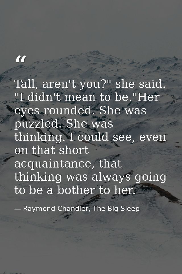 Tall, aren't you?" she said. "I didn't mean to be."Her eyes rounded. She was puzzled. She was thinking. I could see, eve — Raymond Chandler, The Big Sleep