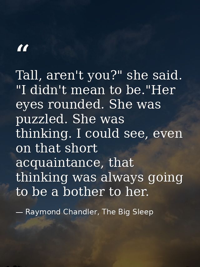Tall, aren't you?" she said. "I didn't mean to be."Her eyes rounded. She was puzzled. She was thinking. I could see, eve — Raymond Chandler, The Big Sleep