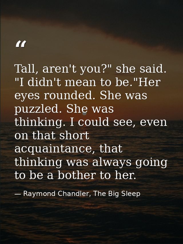 Tall, aren't you?" she said. "I didn't mean to be."Her eyes rounded. She was puzzled. She was thinking. I could see, eve — Raymond Chandler, The Big Sleep