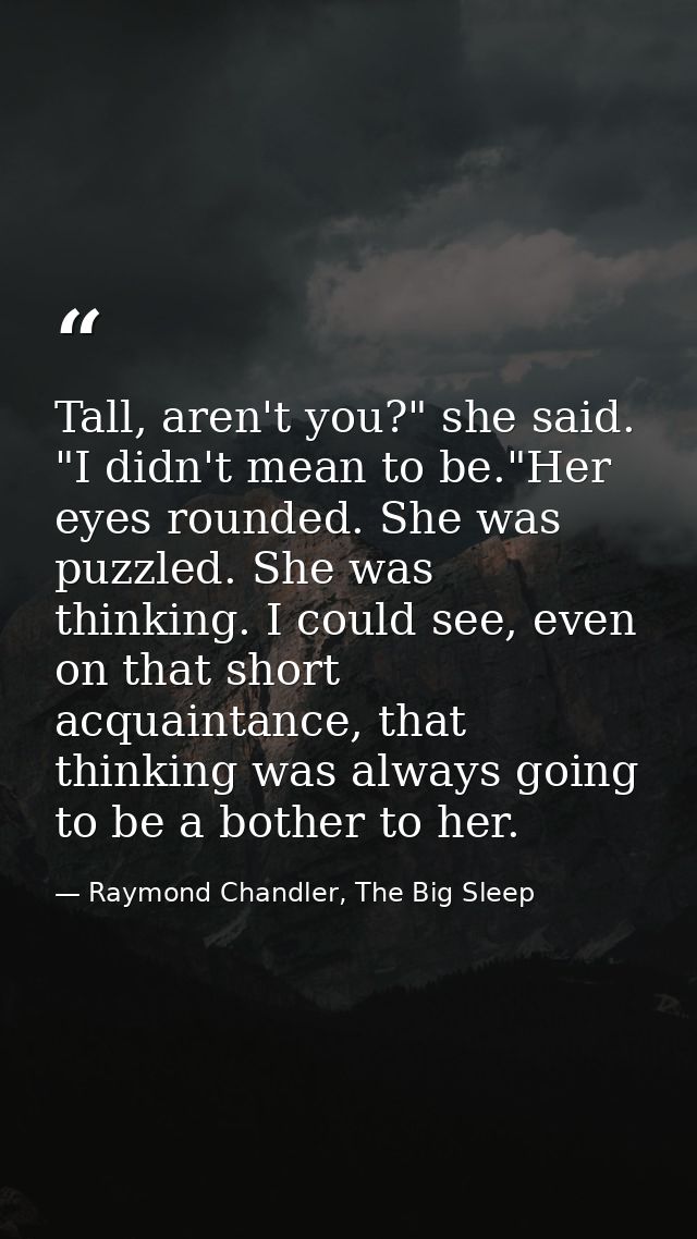 Tall, aren't you?" she said. "I didn't mean to be."Her eyes rounded. She was puzzled. She was thinking. I could see, eve — Raymond Chandler, The Big Sleep