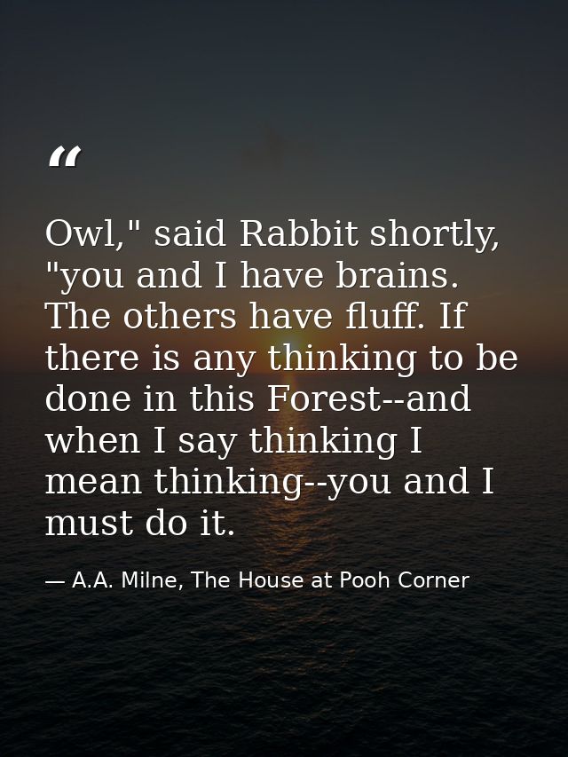 Owl," said Rabbit shortly, "you and I have brains. The others have fluff. If there is any thinking to be done in this Fo — A.A. Milne, The House at Pooh Corner