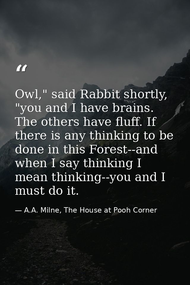 Owl," said Rabbit shortly, "you and I have brains. The others have fluff. If there is any thinking to be done in this Fo — A.A. Milne, The House at Pooh Corner