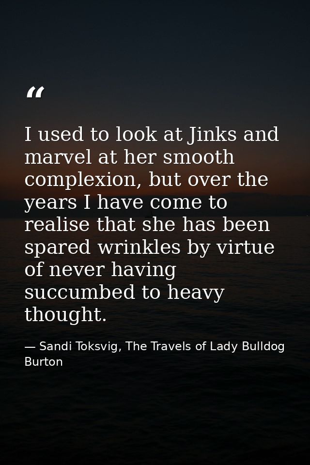 I used to look at Jinks and marvel at her smooth complexion, but over the years I have come to realise that she has been — Sandi Toksvig, The Travels of Lady Bulldog Burton