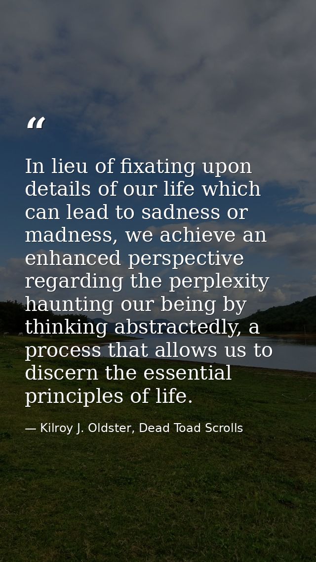 In lieu of fixating upon details of our life which can lead to sadness or madness, we achieve an enhanced perspective re — Kilroy J. Oldster, Dead Toad Scrolls