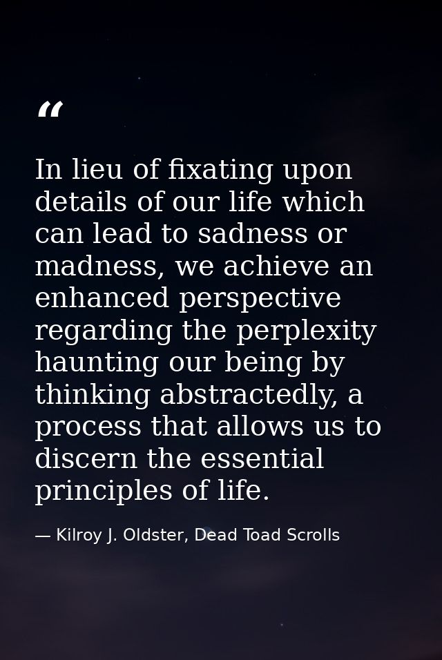 In lieu of fixating upon details of our life which can lead to sadness or madness, we achieve an enhanced perspective re — Kilroy J. Oldster, Dead Toad Scrolls
