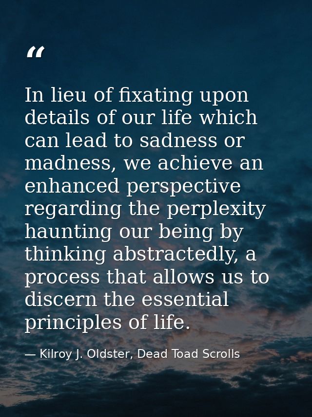 In lieu of fixating upon details of our life which can lead to sadness or madness, we achieve an enhanced perspective re — Kilroy J. Oldster, Dead Toad Scrolls