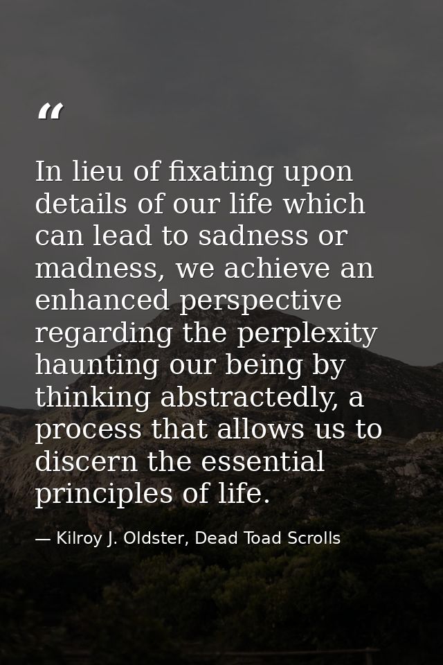 In lieu of fixating upon details of our life which can lead to sadness or madness, we achieve an enhanced perspective re — Kilroy J. Oldster, Dead Toad Scrolls