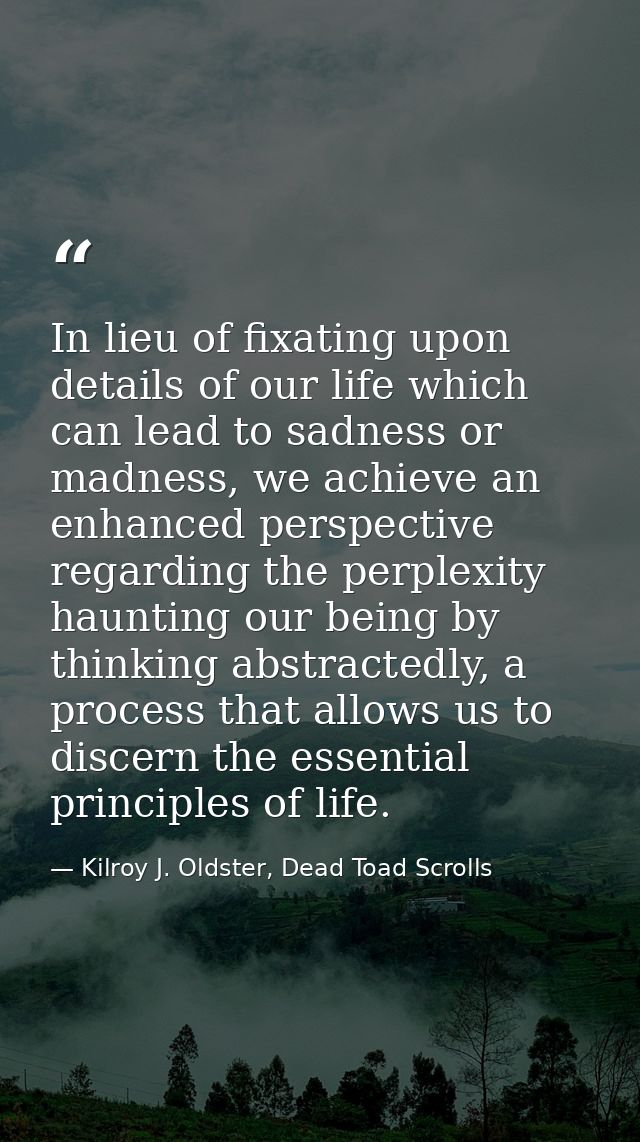 In lieu of fixating upon details of our life which can lead to sadness or madness, we achieve an enhanced perspective re — Kilroy J. Oldster, Dead Toad Scrolls