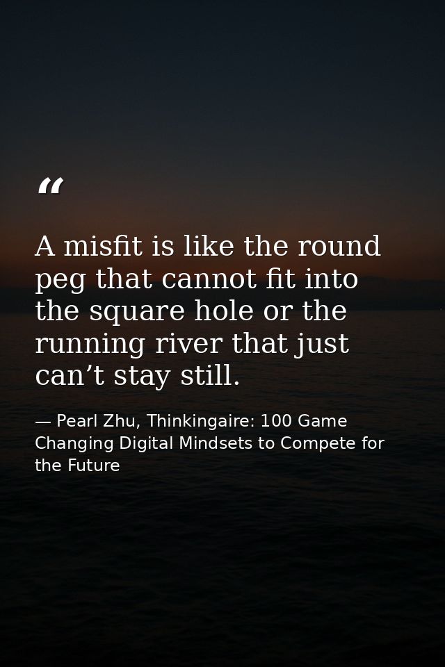 A misfit is like the round peg that cannot fit into the square hole or the running river that just can’t stay still. — Pearl Zhu, Thinkingaire: 100 Game Changing Digital Mindsets to Compete for the Future