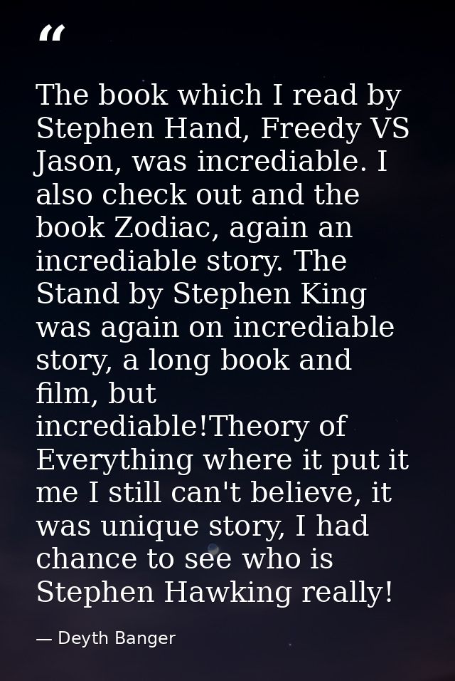 The book which I read by Stephen Hand, Freedy VS Jason, was incrediable. I also check out and the book Zodiac, again an  — Deyth Banger