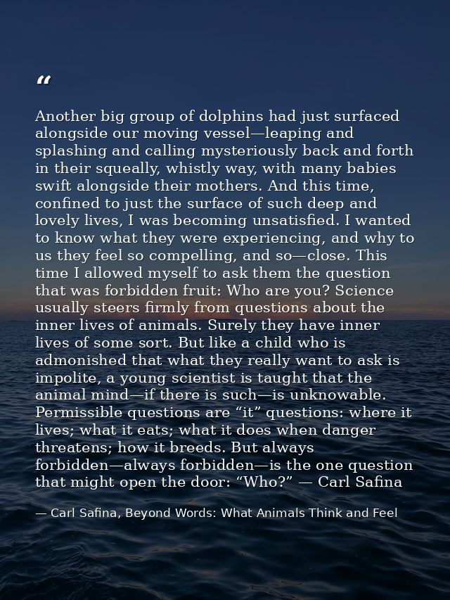 Another big group of dolphins had just surfaced alongside our moving vessel—leaping and splashing and calling mysterious — Carl Safina, Beyond Words: What Animals Think and Feel