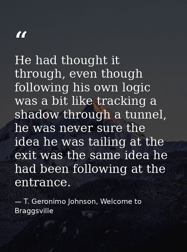 He had thought it through, even though following his own logic was a bit like tracking a shadow through a tunnel, he was — T. Geronimo Johnson, Welcome to Braggsville