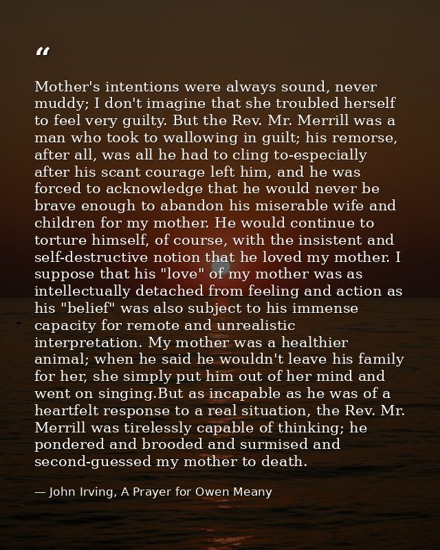 Mother's intentions were always sound, never muddy; I don't imagine that she troubled herself to feel very guilty. But t — John Irving, A Prayer for Owen Meany