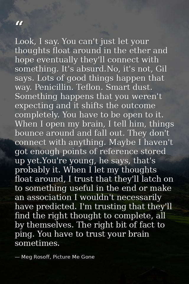 Look, I say. You can't just let your thoughts float around in the ether and hope eventually they'll connect with somethi — Meg Rosoff, Picture Me Gone