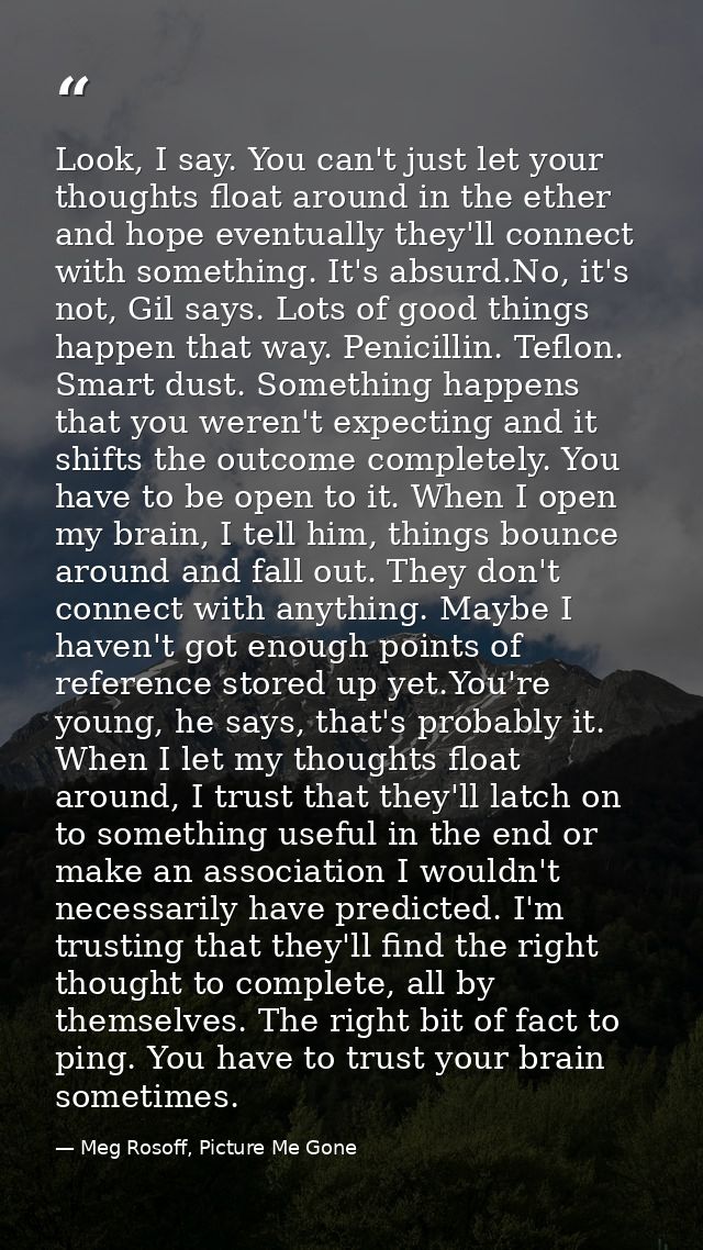 Look, I say. You can't just let your thoughts float around in the ether and hope eventually they'll connect with somethi — Meg Rosoff, Picture Me Gone