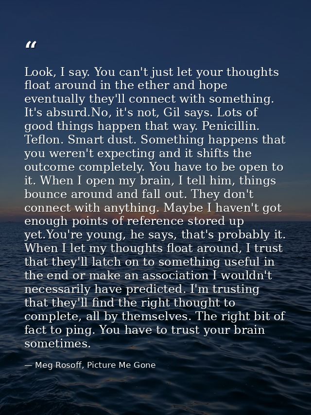 Look, I say. You can't just let your thoughts float around in the ether and hope eventually they'll connect with somethi — Meg Rosoff, Picture Me Gone
