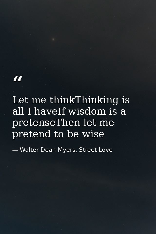 Let me thinkThinking is all I haveIf wisdom is a pretenseThen let me pretend to be wise — Walter Dean Myers, Street Love
