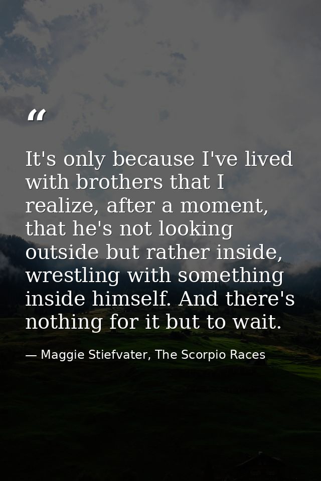 It's only because I've lived with brothers that I realize, after a moment, that he's not looking outside but rather insi — Maggie Stiefvater, The Scorpio Races