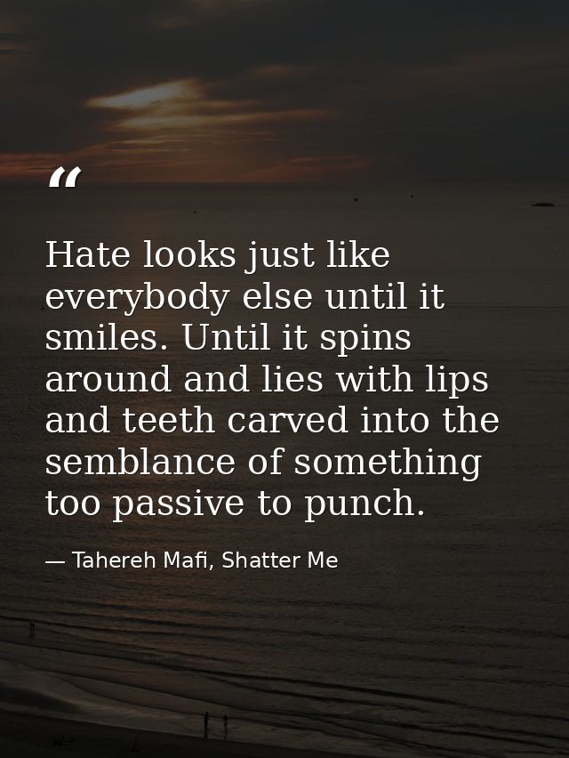 Hate looks just like everybody else until it smiles. Until it spins around and lies with lips and teeth carved into the  — Tahereh Mafi, Shatter Me