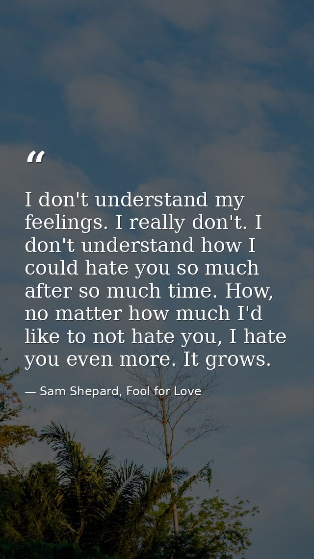 I don't understand my feelings. I really don't. I don't understand how I could hate you so much after so much time. How, — Sam Shepard, Fool for Love
