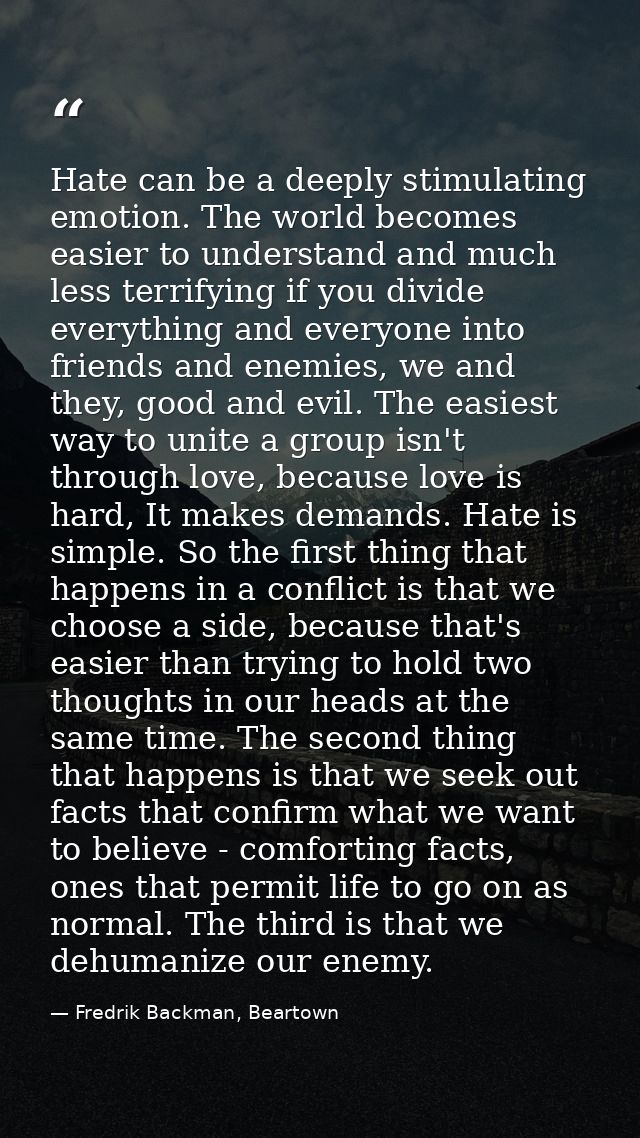Hate can be a deeply stimulating emotion. The world becomes easier to understand and much less terrifying if you divide  — Fredrik Backman, Beartown