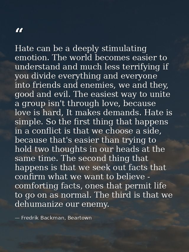 Hate can be a deeply stimulating emotion. The world becomes easier to understand and much less terrifying if you divide  — Fredrik Backman, Beartown