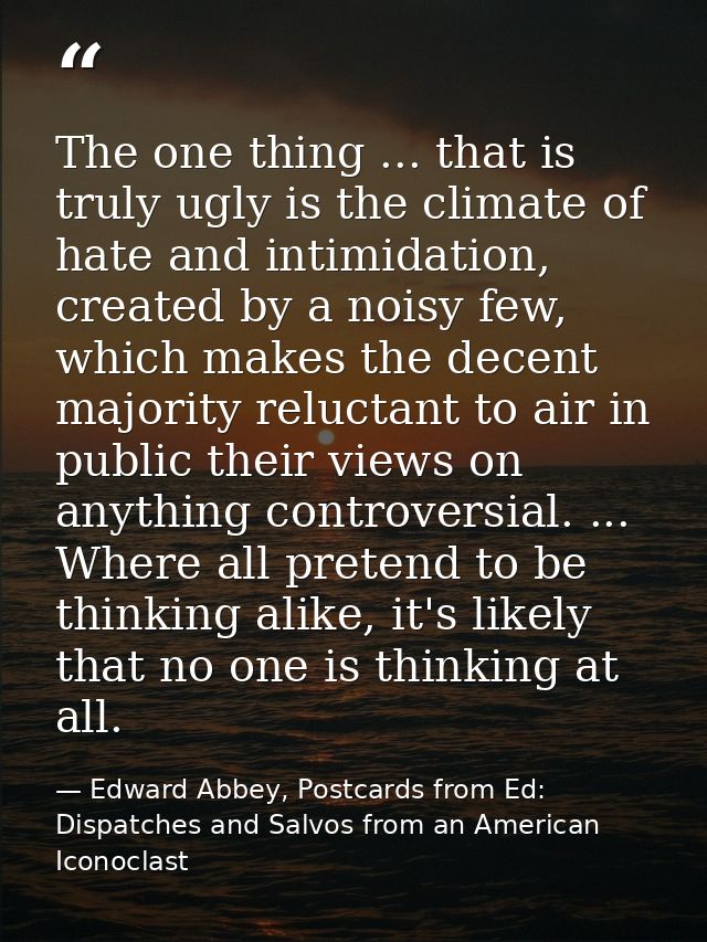 The one thing ... that is truly ugly is the climate of hate and intimidation, created by a noisy few, which makes the de — Edward Abbey, Postcards from Ed: Dispatches and Salvos from an American Iconoclast