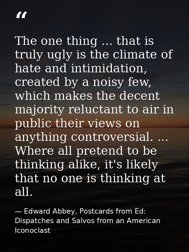 The one thing ... that is truly ugly is the climate of hate and intimidation, created by a noisy few, which makes the de — Edward Abbey, Postcards from Ed: Dispatches and Salvos from an American Iconoclast