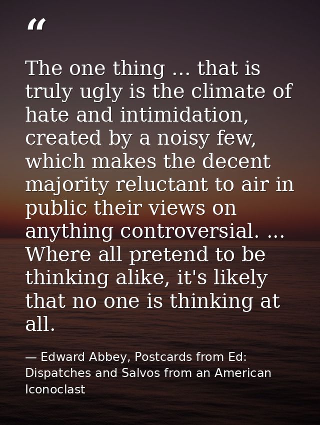 The one thing ... that is truly ugly is the climate of hate and intimidation, created by a noisy few, which makes the de — Edward Abbey, Postcards from Ed: Dispatches and Salvos from an American Iconoclast