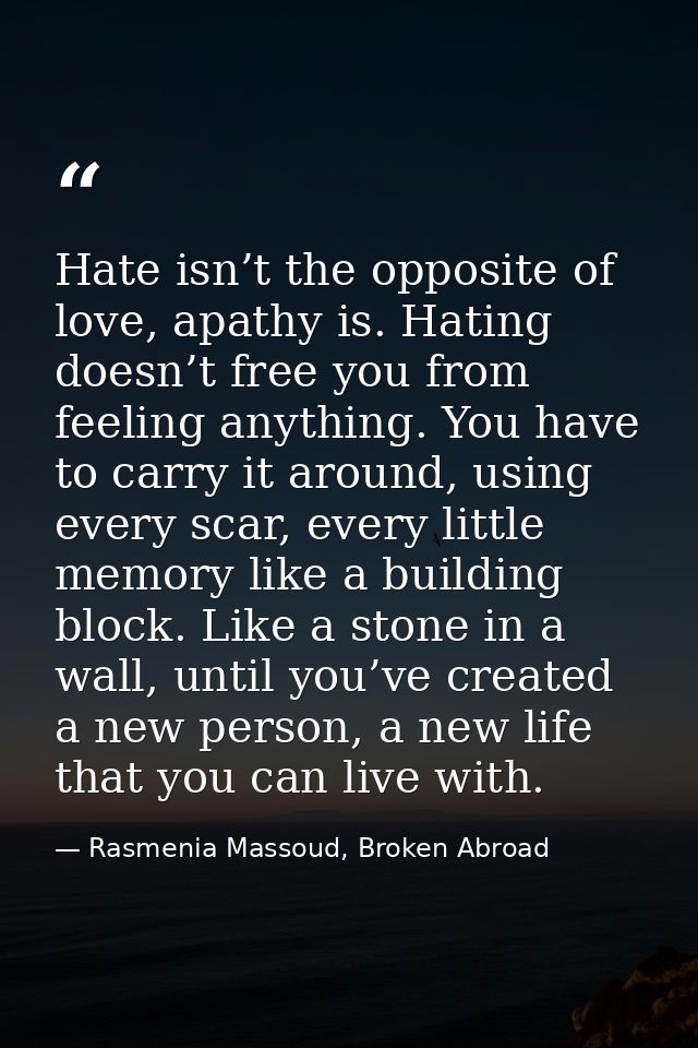 Hate isn’t the opposite of love, apathy is. Hating doesn’t free you from feeling anything. You have to carry it around,  — Rasmenia Massoud, Broken Abroad