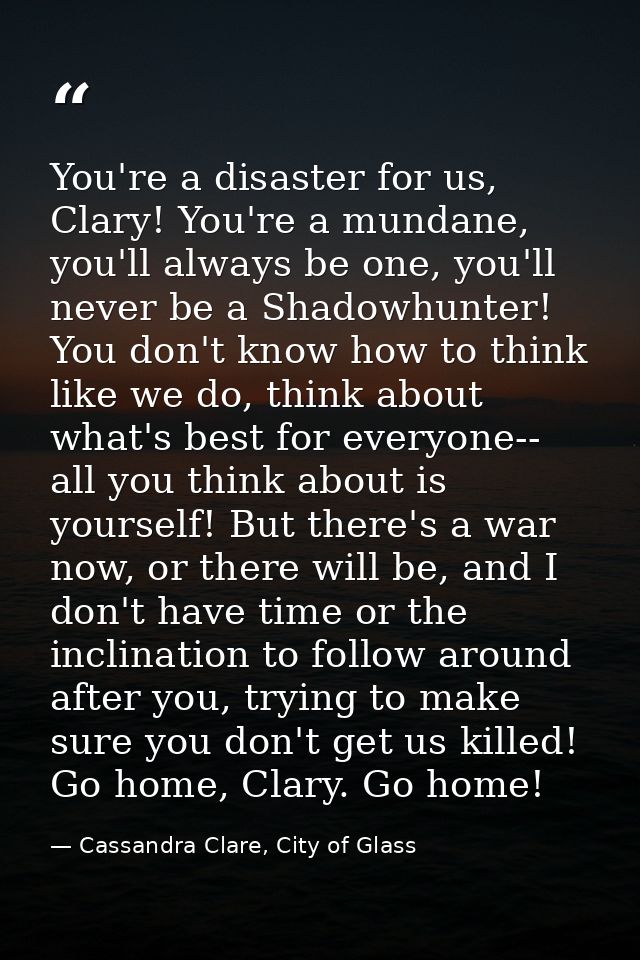 You're a disaster for us, Clary! You're a mundane, you'll always be one, you'll never be a Shadowhunter! You don't know  — Cassandra Clare, City of Glass