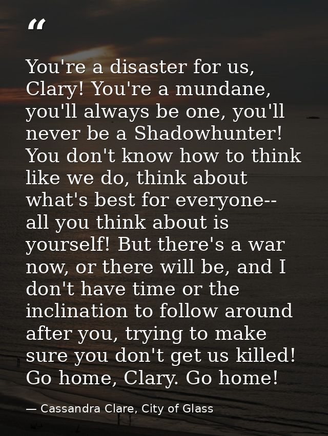 You're a disaster for us, Clary! You're a mundane, you'll always be one, you'll never be a Shadowhunter! You don't know  — Cassandra Clare, City of Glass