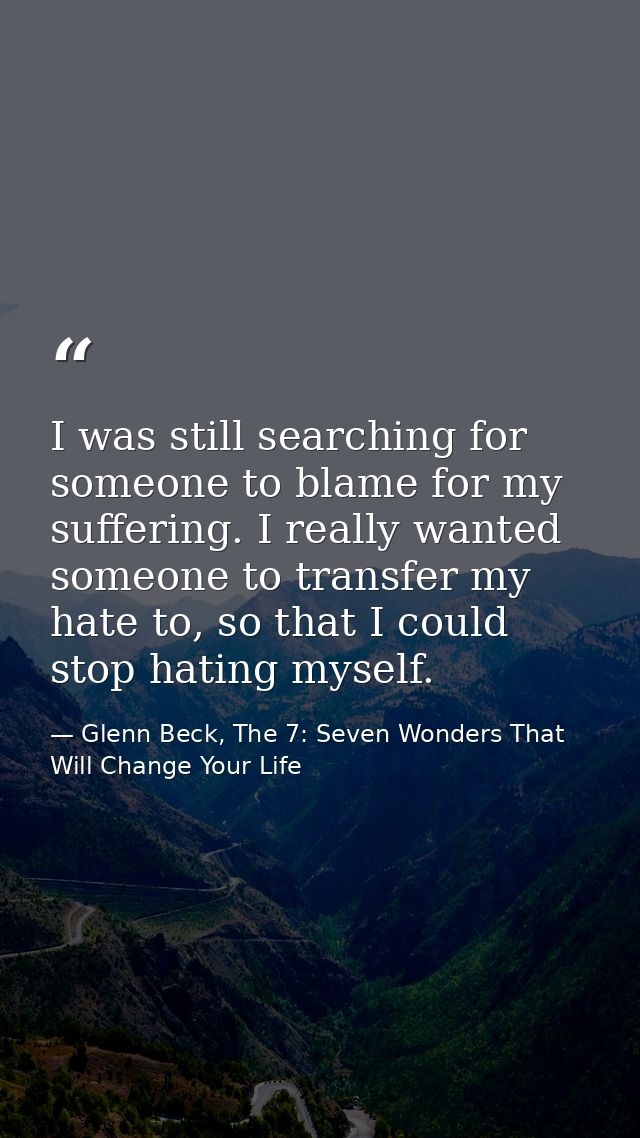 I was still searching for someone to blame for my suffering. I really wanted someone to transfer my hate to, so that I c — Glenn Beck, The 7: Seven Wonders That Will Change Your Life