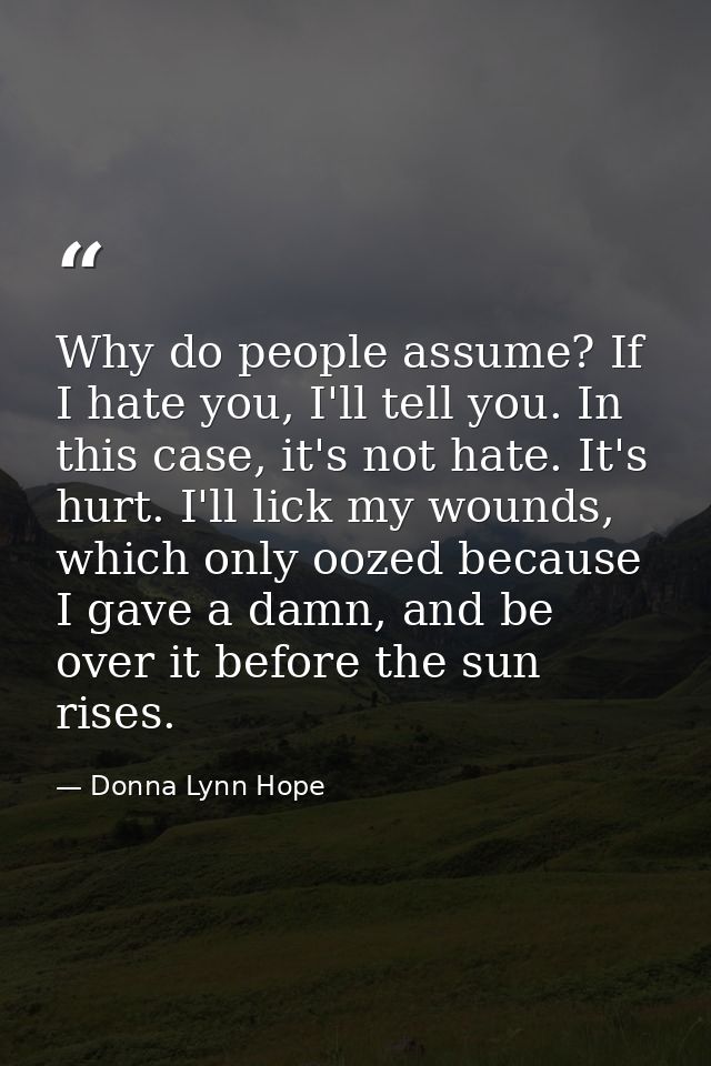 Why do people assume? If I hate you, I'll tell you. In this case, it's not hate. It's hurt. I'll lick my wounds, which o — Donna Lynn Hope