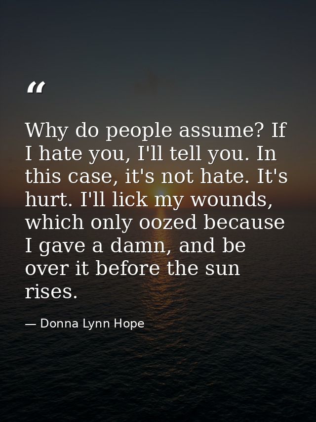 Why do people assume? If I hate you, I'll tell you. In this case, it's not hate. It's hurt. I'll lick my wounds, which o — Donna Lynn Hope