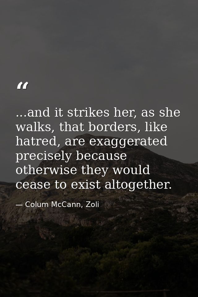 ...and it strikes her, as she walks, that borders, like hatred, are exaggerated precisely because otherwise they would c — Colum McCann, Zoli