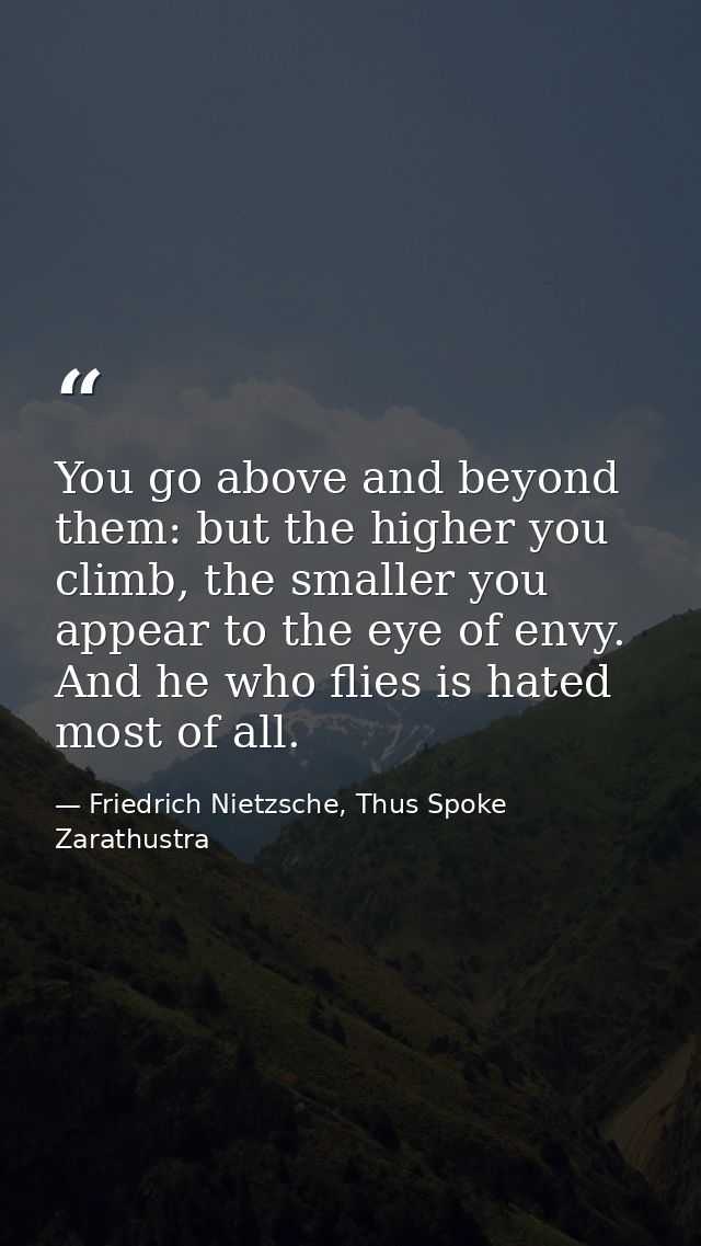 You go above and beyond them: but the higher you climb, the smaller you appear to the eye of envy. And he who flies is h — Friedrich Nietzsche, Thus Spoke Zarathustra
