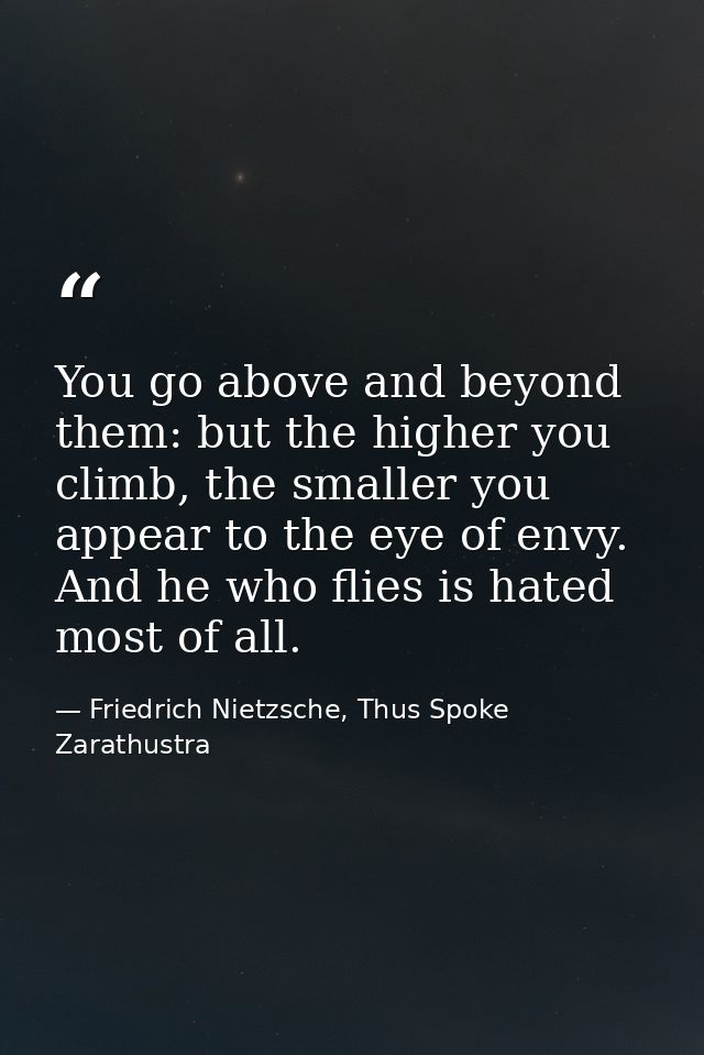 You go above and beyond them: but the higher you climb, the smaller you appear to the eye of envy. And he who flies is h — Friedrich Nietzsche, Thus Spoke Zarathustra
