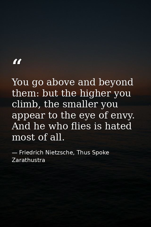 You go above and beyond them: but the higher you climb, the smaller you appear to the eye of envy. And he who flies is h — Friedrich Nietzsche, Thus Spoke Zarathustra